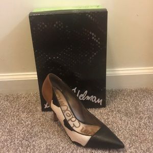 Cow print leather and textured hair heels